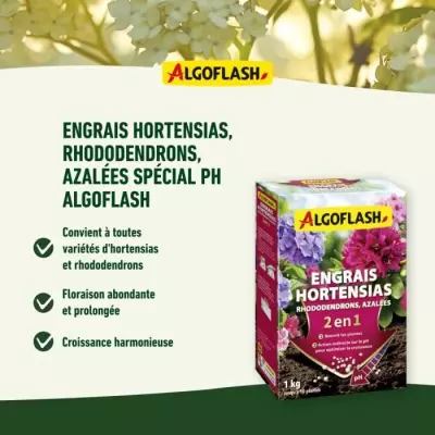 Engrais Hortensias, Rhododendrons et Azalées - ALGOFLASH NATURASOL - pH Spécial - 1 kg Engrais Hortensias, Rhododendrons et Azalées - ALGOFLASH NATURASOL - pH Spécial - 1 kg