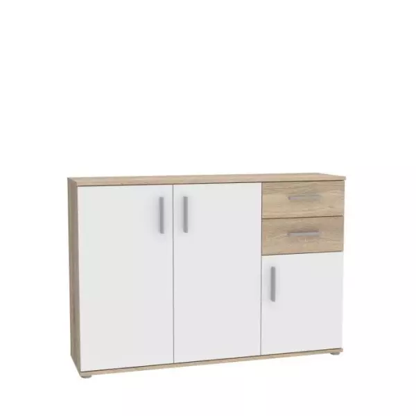 Meuble de rangement IKOLI - 3 portes, 2 tiroirs - Décor chene Sonoma et blanc - L119,6 x P31,4 x H81,7 cm - Poignées en plasti