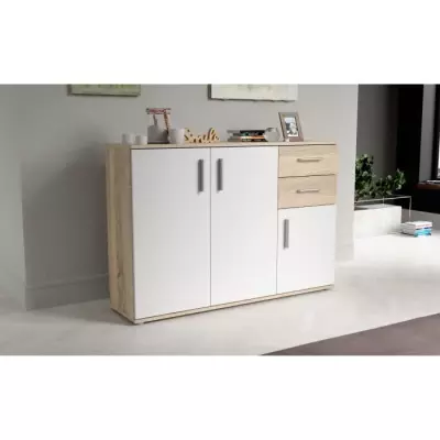Meuble de rangement IKOLI - Style moderne et pratique - Décor chêne Sonoma et blanc