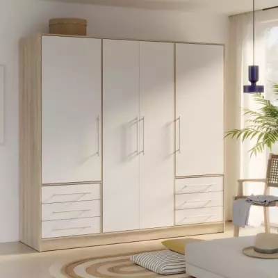 Armoire 4 portes battantes + 6 tiroirs chêne et blanc - Jupiter