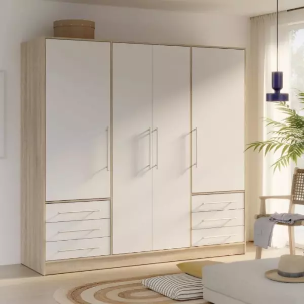 Armoire 4 portes battantes + 6 tiroirs - Chene et blanc - L 206 x P 60 x H 200 cm - JUPITER