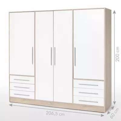 Armoire 4 portes battantes + 6 tiroirs chêne et blanc - Jupiter