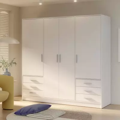 Armoire 4 portes battantes + 6 tiroirs Blanc mat - Design responsable