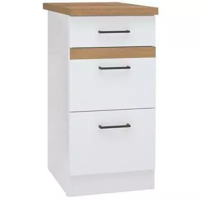 Meuble bas de cuisine 40 cm - 3 tiroirs + plan de travail - Blanc brillant