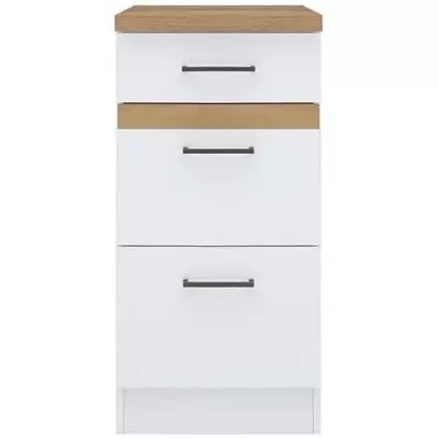 Meuble bas de cuisine 40 cm - 3 tiroirs + plan de travail - Blanc brillant