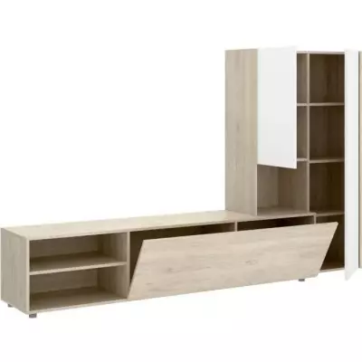 Meuble TV Compact KEI - Chêne clair / Blanc - 227 x 40 x 141 cm