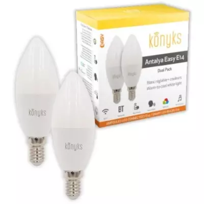Ampoules LED connectées Wi-Fi + BT, Couleurs + blanc réglable - Konyks Antalya E14 Max Easy Dual Pack