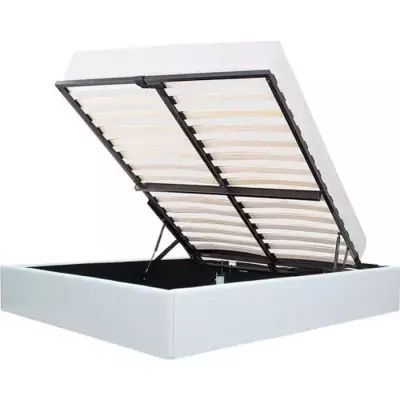 Lit adulte 140x190 cm avec coffre de rangement - Simili Blanc et bois certifié FSC