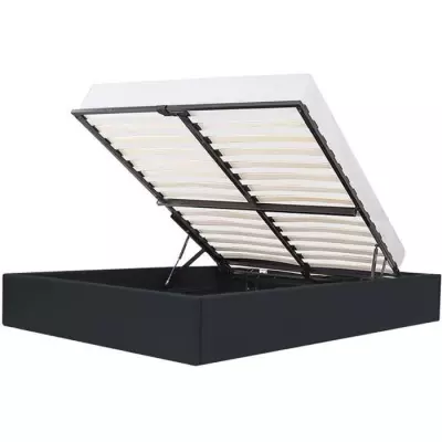 Lit adulte 160x200 cm avec coffre de rangement - Simili Noir et Bois FSC 100%