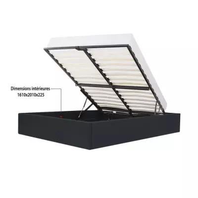 Lit adulte 160x200 cm avec coffre de rangement - Simili Noir et Bois FSC 100%