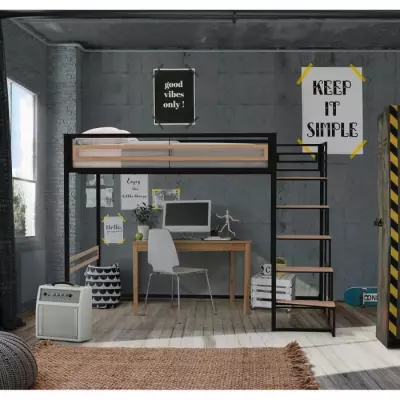 Lit mezzanine LEON - 140x190 cm - Métal noir - Sommier inclus