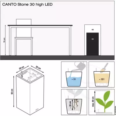Pot de fleur LED LECHUZA Canto Stone Colonne 30 - gris pierre