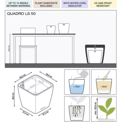 Pot de fleur LEC Quadro Premium LS 50 - Argent métallisé - 15 L - système d'irrigation