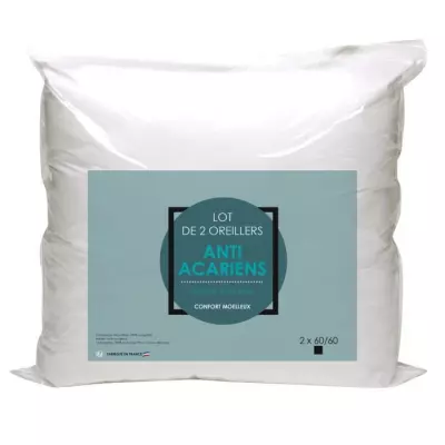 Lot de 2 oreillers Microfibre Anti-Acariens 60x60cm - Pack de confort pour des nuits saines