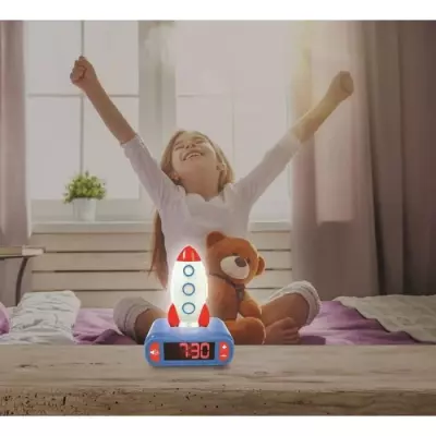 Réveil veilleuse digital LEXIBOOK Fusée 3D lumineux et sonore - Bleu, blanc et rouge - Enfant