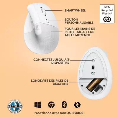 Souris Logitech Lift Ergonomique Verticale Sans Fil Blanc - Silencieuse