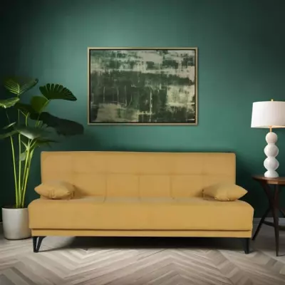 Banquette convertible 3 places LIMRA - Tissu moutarde - Coffre de rangement