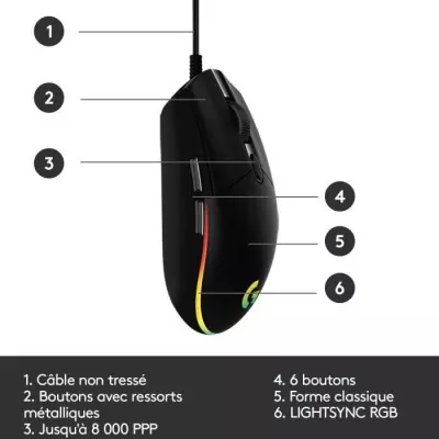 Souris gamer filaire Logitech G203 Lightsync RGB Noir
