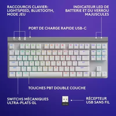 Clavier Gamer Sans Fil Logitech G515 Lightspeed TKL - Blanc