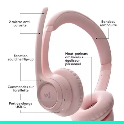 Casque Sans fil Logitech Zone 300 Rose - Compact et performant