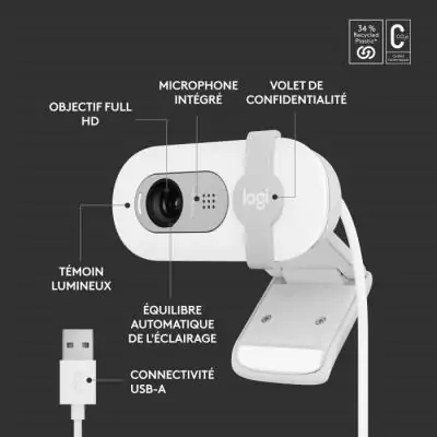 Webcam - Full HD 1080p - Logitech - Brio 100 - Microphone intégré - Blanc