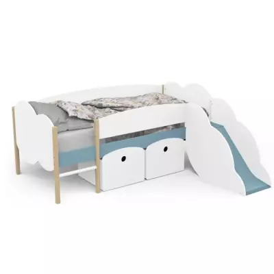 Lit toboggan DEMEYERE 90x200 cm - Sommier à lattes - Blanc et bleu orage