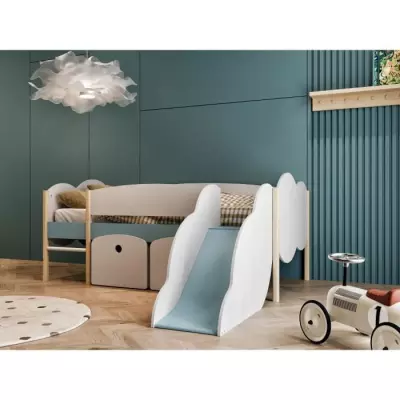 Lit toboggan DEMEYERE 90x200 cm - Sommier à lattes - Blanc et bleu orage