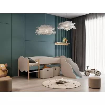 Lit toboggan DEMEYERE 90x200 cm - Sommier à lattes - Blanc et bleu orage