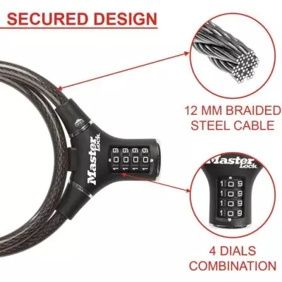 Antivol Vélo Master Lock - Câble en Acier Noir - 90 cm Torsadé