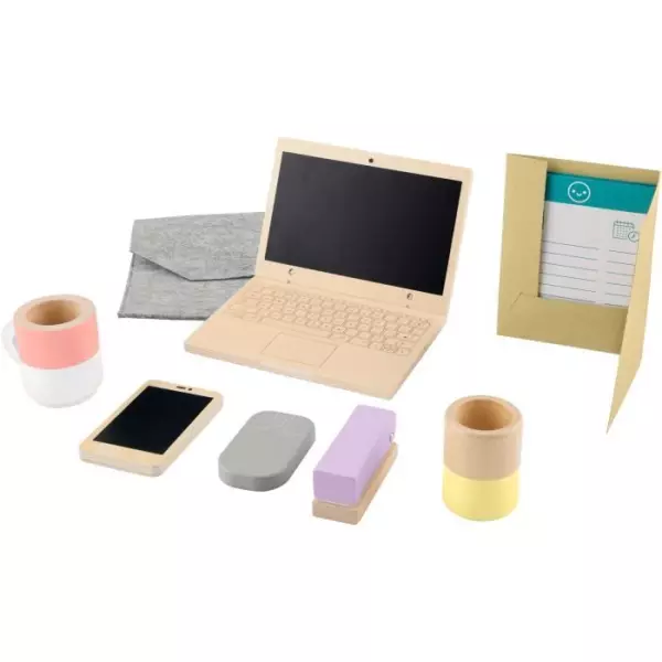 FISHER-PRICE Set de télétravail en Bois, 9 éléments avec ordinateur portable et téléphone en bois HXV11