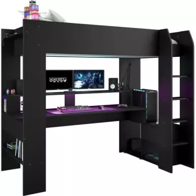Lit mezzanine enfant Gamer LED - 90 x 200 cm - Noir mat - Made in France