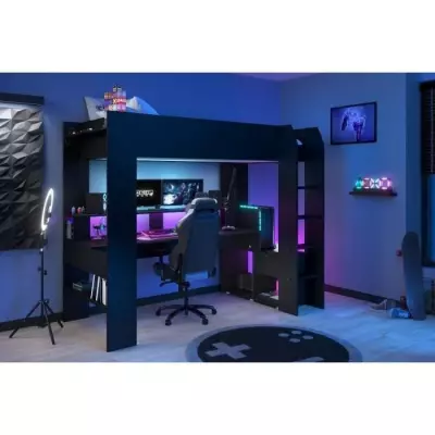 Lit mezzanine enfant Gamer LED - 90 x 200 cm - Noir mat - Made in France