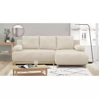 Canapé d'angle convertible MIKA 3 places - Velours côtelé beige