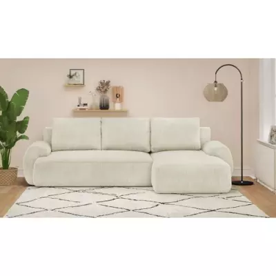 Canapé d'angle convertible 4/5 places MILO - Velours beige - Coffre rangement