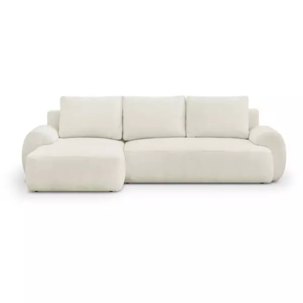 Canapé d'angle gauche convertible 4/5 places MILO - Tissu bouclette beige clair - Coffre de rangement - L 264 x H 84 x P 99/145