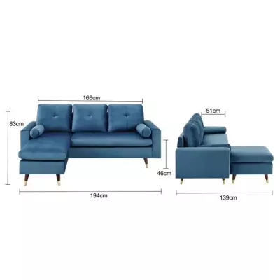 Canapé d'angle fixe réversible bleu - 3 places - Pieds bois et doré