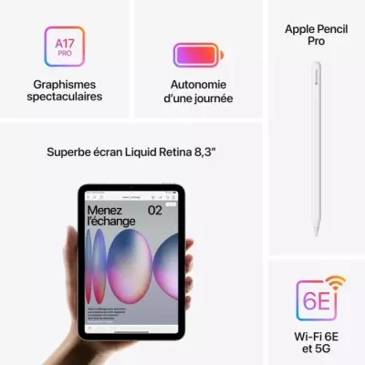 Nouvel iPad mini 2024 - 8.3'' - WiFi + Cellular - 256 Go - Starlight