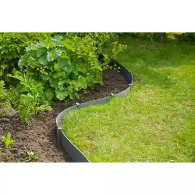 Bordure de jardin NATURE Gris 3mm PE recyclé 15x10m - 10 Ancres - H26,7 x 1,9 x 1,8 cm