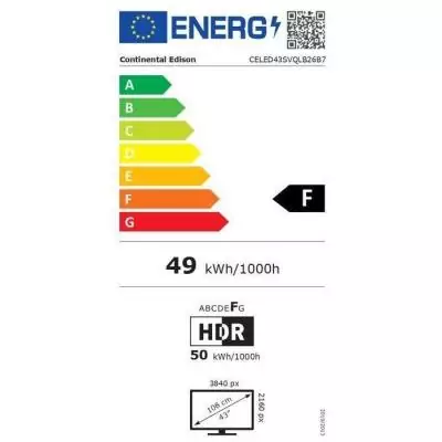 TV LED UHD QLED - CONTINENTAL EDISON - CELED43SVQLB26B7 - 43“ (108 cm) - 3xHDMI, 2xUSB - Blanc