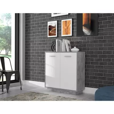 Buffet compact PILVI - Blanc et béton clair - FSC® 100% - L 82,9 x P 34,2 x H 88,1 cm