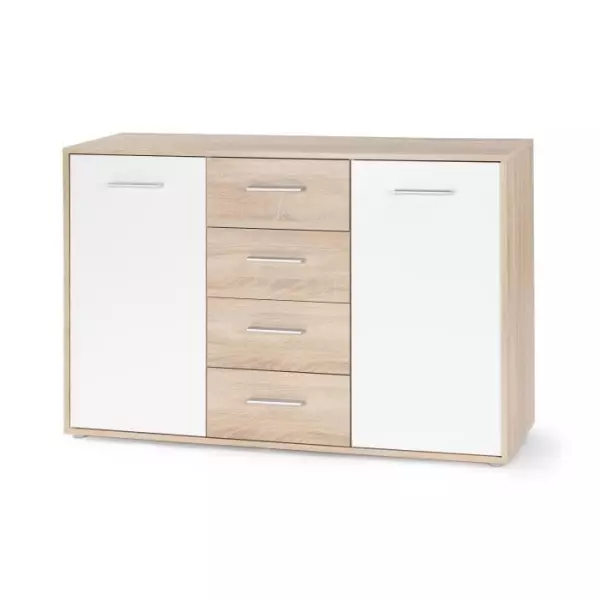 Buffet bas PILVI - 2 portes et 4 tiroirs - Blanc et chene sonoma - L 122,6 x P 34,2 x H 81,1 cm