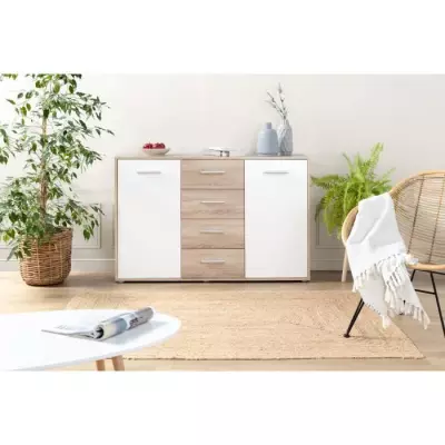 Buffet Pilvi blanc/chêne Sonoma - 2 portes/4 tiroirs - FSC® 100% - L122,6cm