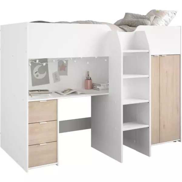Lit combiné mezzanine enfant - TOM - Blanc et chene - Armoire, bureau et sommier inclus