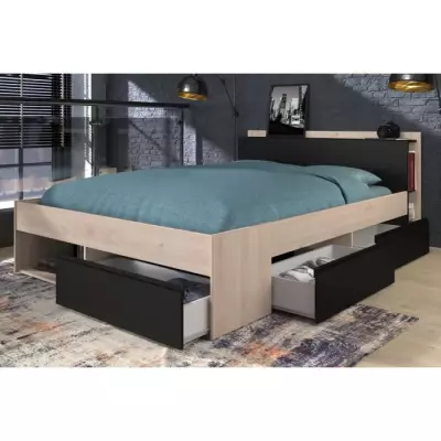 Lit adulte COMBO 140x190/200 cm - Chene et noir - Fabriqué en France - 3 tiroirs