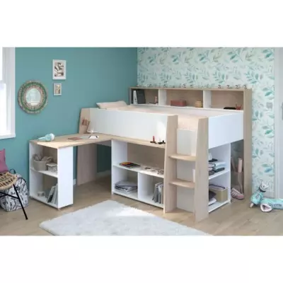 Lit combiné enfant THEO avec bureau rétractable - Blanc/chêne - 90x200 cm - Sommier inclus