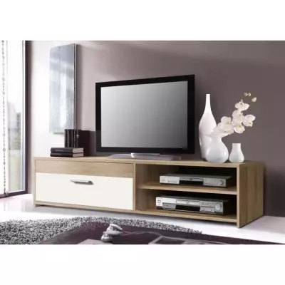Meuble TV PILVI - Style contemporain - Chêne et blanc - 1 abattant + 2 niches