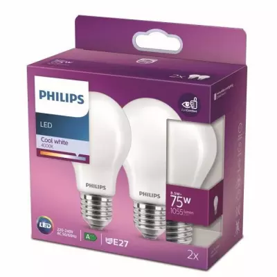 Ampoule LED Philips E27 Blanc froid 75W Equiv. Lot de 2