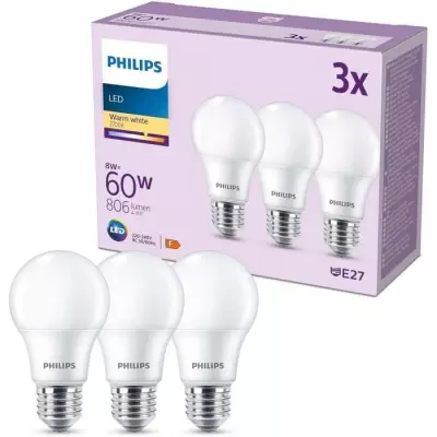 Ampoule LED PHILIPS 60W E27 Blanc Chaud - Lot de 3