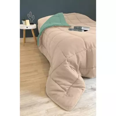 Couette Microfibre 400g/m² POYET MOTTE - 140 x 200 cm - Gris galet et Vert lac