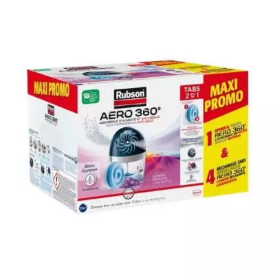 Absorbeur d'humidité RUBSON - MAXI PROMO 4 recharges Lavande + 1 appareil Aéro 360°